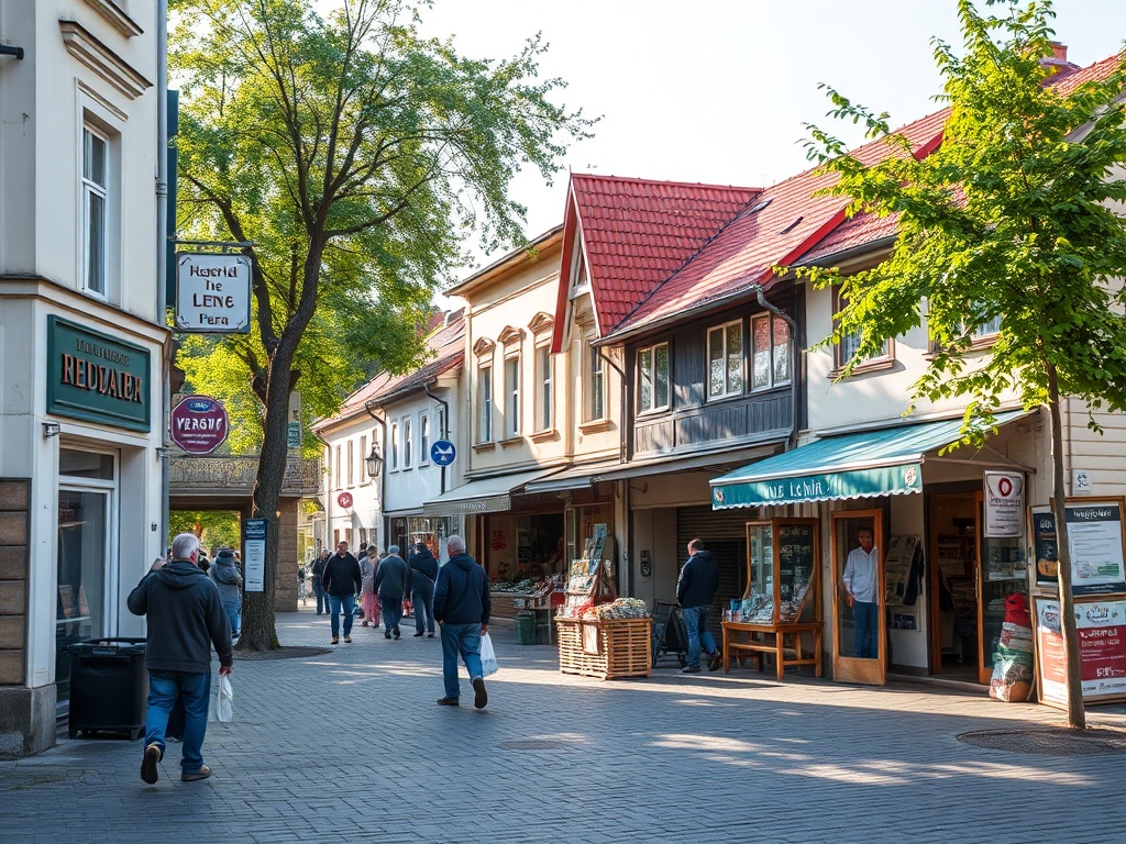 Krajobraz Podkowy Leśnej z elementami architektury i zieleni, symbolizujący rozwój gospodarczy regionu.